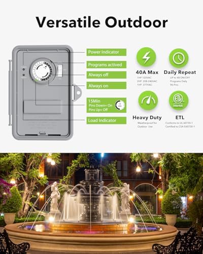 BN-LINK Pool Pump Timer, Outdoor Mechanical Timer Box, Heavy Duty 24 Hour Programmable, 2HP 40A Max, 120, 240, 277 VAC, for Pool Pump, Water Heater, Fans, SPA, ETL Listed - Image 2