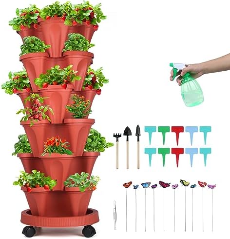 GameXcel Vertical Planter Tower - 6 Tier Stackable Garden Planters with Wheels and Garden Tool Set Plant Pots for Strawberry Herb Flower and Vegetable Indoor Outdoor Use Red by GameXcel