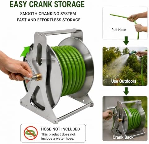 Stainless Steel Hose Reel Cart, 164ft Wall Mount, Crank - Image 5