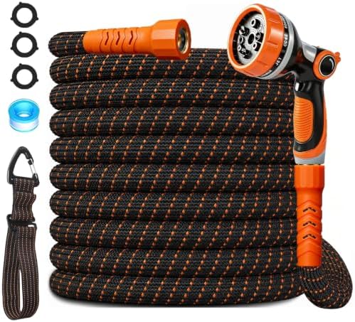 Flexible Garden Hose 50 Ft, Ultra Lightweight Water Hoses w/10 Function Sprayer, Non-Kink, All-Weather Hose Pipe,Abrasion Resistant for Yard, Lawn,Car,RV,Boat,Outdoor Gardening (OrangeBlack,50 Ft) by BYDA