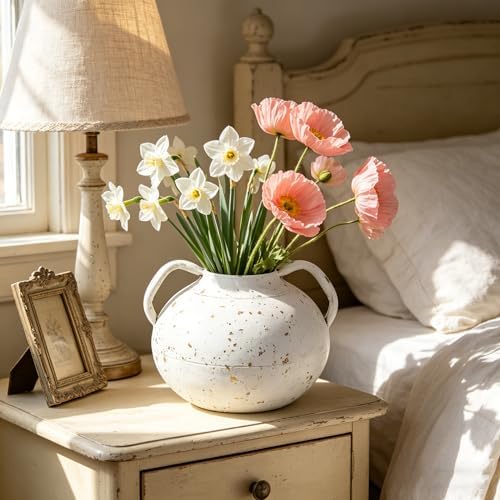 Vintage Flower Vase with Handle Rustic Distressed White Vase Farmhouse Decorative Jug Vase for Home, Living Room, Wedding, Shelf, Table Centerpiece Entryway Decor (White) - Image 7