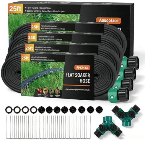 Flat Soaker Hose 25 ft 4-Pack with Splitter, 80% Water-Saving Drip Irrigation Hose 100 ft, Linkable DIY Garden Soaker Hose System for Garden Beds, Lawn, Vegetables & Trees (25ft 4-pack) by Apgooface