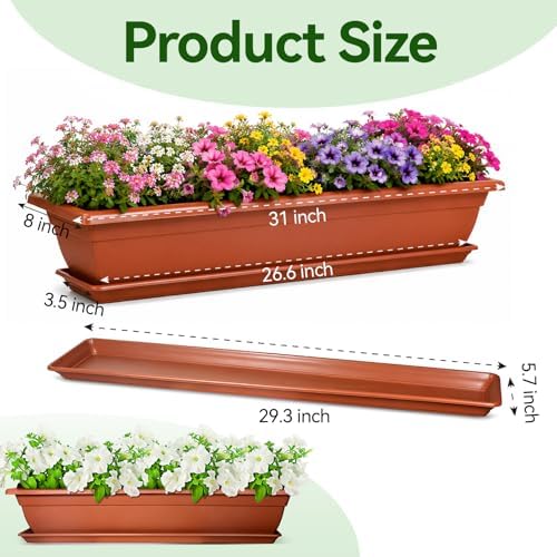 4 Pcs 31 inch Window Box Planter, Large Rectangular Plastic Flower Pot with Tray, Suitable for Indoor & Outdoor Gardens, Balcony and Home Decor (4) - Image 2