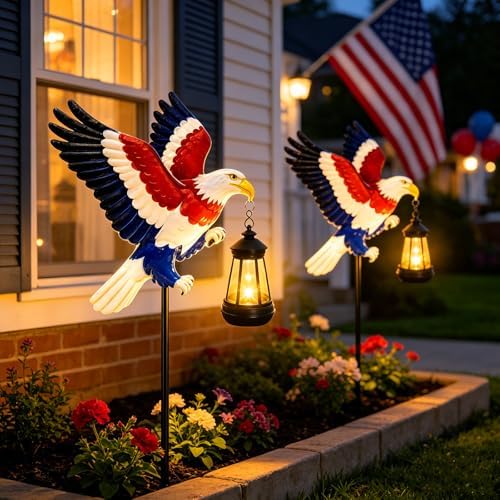 4th of July Decorations 250th anniversary 2 Pack Bald Eagle Solar Garden Lights Outdoor Waterproof, Gifts for Family and Friends, Stake Lights with Solar Lanterns, Yard Art Outside Patio Garden Decor - Image 7