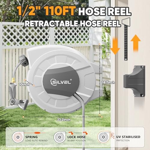 SILVEL Retractable Garden Hose Reel, 1/2 in x 110ft Wall Mount Heavy Duty Automatic Hose Reel with 10 Pattern Nozzle, Any Length Lock & Slow Return System, 180°Swivel Bracket Upgraded UV Resistant - Image 5