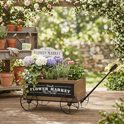 Wooden Wagon Planter with Iron Wheels, 16.5 Inch, Brown - Image 5