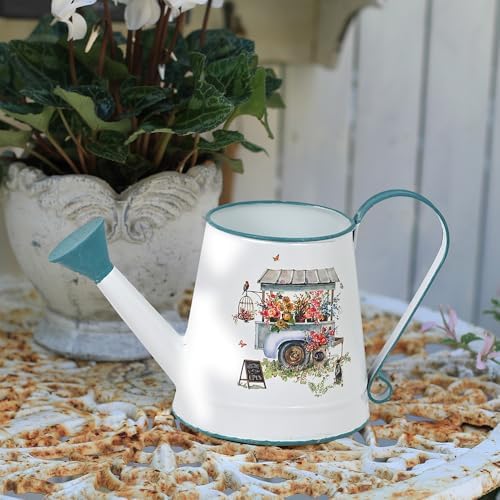 Cute Small Watering Can Indoor Plants Garden Metal Decorative Watering Cans for Outdoor Plants Bonsai Outdoor Garden Flower Decorative (White Blue, 1.5L, 50.7 Oz) - Image 3
