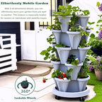 7 Tiered Strawberry Planters 2 Pack, Vertical Stackable Planter, Herb Stacking Tower Garden, Flower and Vegetable Planters with Support Pole Indoor & Outdoor with Removable Wheels - White - Image 4