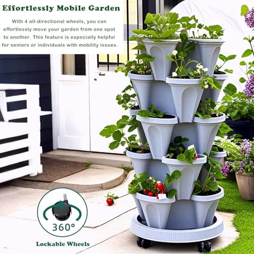 Strawberry Planters, 7 Tiered Vertical Stackable Planter, Herb Stacking Tower Garden, Flower and Vegetable Planters with Support Pole Indoor & Outdoor with Removable Wheels - Dark Grey - Image 3