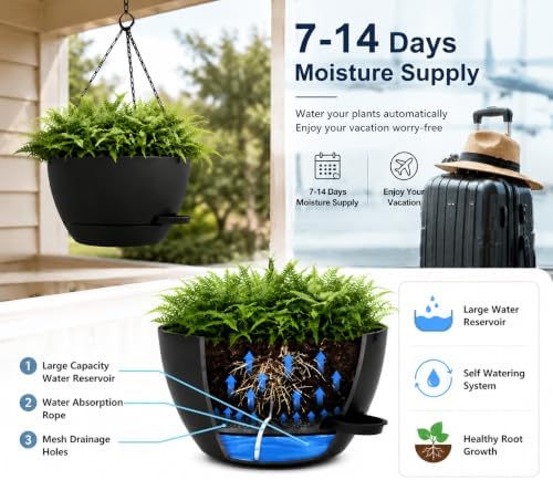 12" Self Watering Hanging Planters with Chains, Black, 2 Pack - Image 2