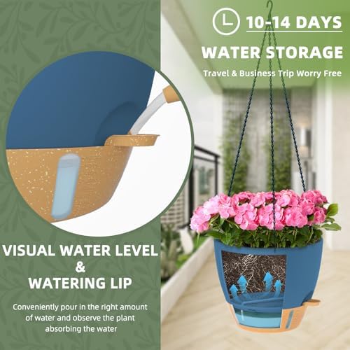 ZMTECH 12 Inch Hanging Planters for Indoor Plants & Outdoor - 2 Pack Self-Watering Hanging Pots with Drainage Holes, Visual Reservoir, Plastic Hanging Baskets Flower Pots with Removable Saucer, Blue - Image 2