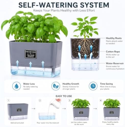 Self Watering Planters 4 Pack, 7 Inch Rectangle Plant Pots with Visible Water Reservoir, Indoor Outdoor Herb Planter Boxes for Windowsill，African Violets，Succulents，Flowers，Kitchen，Office，Balcony Gray - Image 4