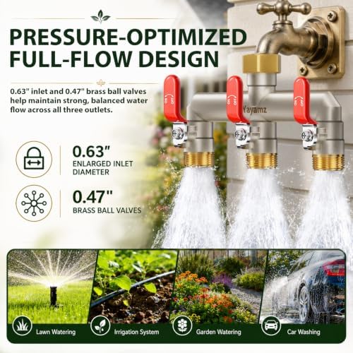 3-Way Garden Hose Splitter, Heavy-Duty Brass, 3/4" GHT, (Red) - Image 4
