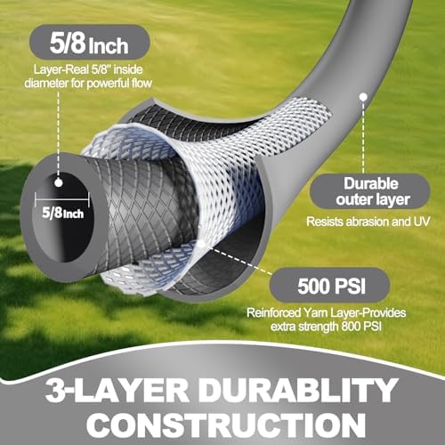 YOTOO Heavy Duty Hybrid Garden Water Hose 5/8-Inch by 75-Feet 150 PSI Kink Resistant, Flexible with Swivel Grip Handle and 3/4" GHT Solid Brass Fittings, Gray - Image 2