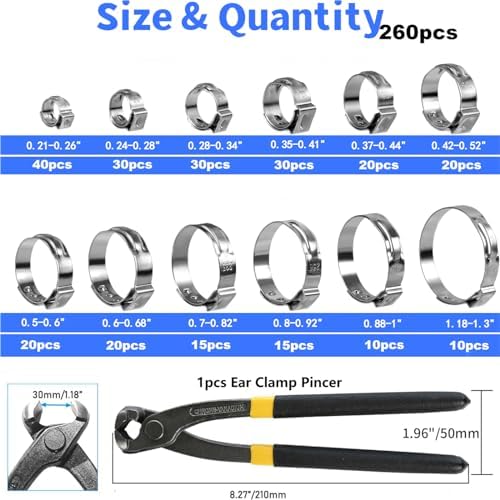 260 PCS 12 Sizes Single Ear Hose Clamps, 5.3-33.1mm 304 Stainless Steel Crimp Hose Clamp Assortment Kit with Ear Clamp Pincer, Cinch Rings Crimp Pinch Tools for Securing Pipe Hoses Automotive Use - Image 2