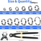 260 PCS 12 Sizes Single Ear Hose Clamps, 5.3-33.1mm 304 Stainless Steel Crimp Hose Clamp Assortment Kit with Ear Clamp Pincer, Cinch Rings Crimp Pinch Tools for Securing Pipe Hoses Automotive Use - Image 2