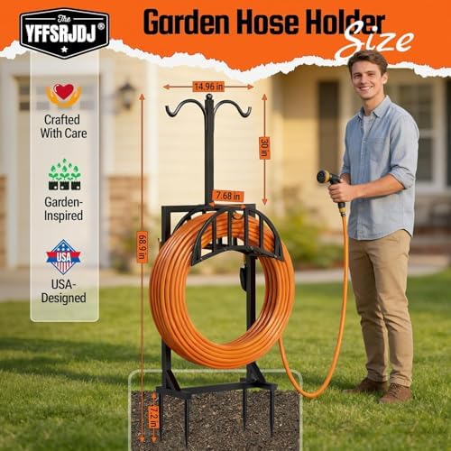 2 Pack Garden Hose Holder, Water Hose Stand for Outside with 4 Stake and 2 Shepherds Hooks, Freestanding Hose Storage Holds 150Ft, Heavy-Duty Metal Hose Hanger Rack for Yard, Lawn, Farm - Image 2