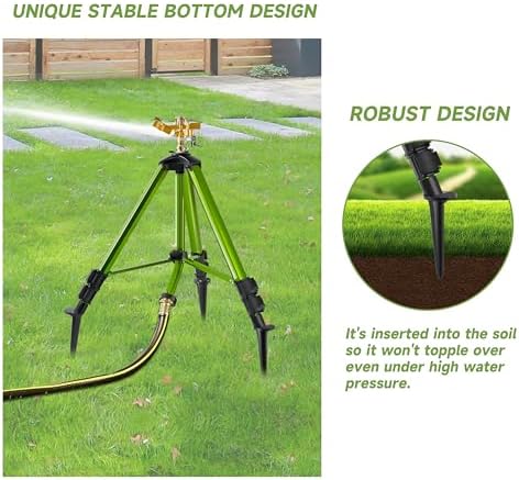 Impact Sprinklers on Tripod Base with Ground Plugs,Heavy Duty Brass Head Sprinkler with 360 Degree Spray,0-44ft Large Area Irrigation,Tripod Sprinkler with Extension Legs for Yard Garden Lawn,1 Pack - Image 2