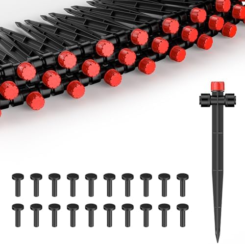 Pawfly 60 Pcs Push-to-Fit Drip Irrigation Emitters for 1/4 Inch Tubing with Stake & End Plugs, Two-Way Connection Irrigation Drippers, 8-Stream Sprinklers Drip Emitters with Adjustable Water Flow by Pawfly