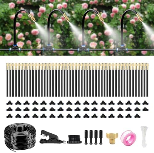 150FT Drip Irrigation System for Garden – Automatic Watering Kit with Solid Brass Metal Connectors, 360° Bendable Tubing &50 Adjustable Nozzles for Greenhouse, Lawn, Yard & Plants by HEKIWAY