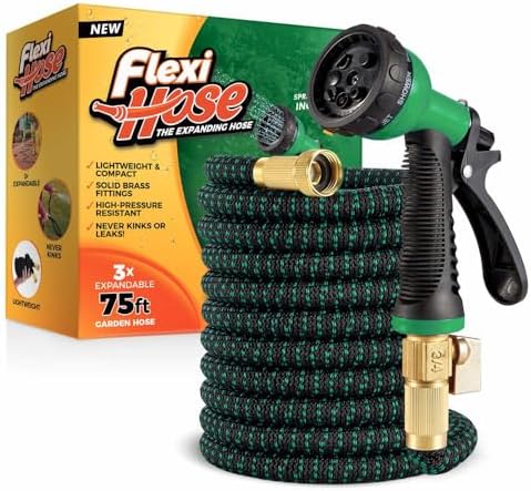 Flexi Hose with 8 Function Nozzle, 75FT - Lightweight Expandable Garden Hose, No-Kink Flexibility, 3/4 Inch Solid Brass Fittings and Double Latex Core - Black and Green by FlexiHose