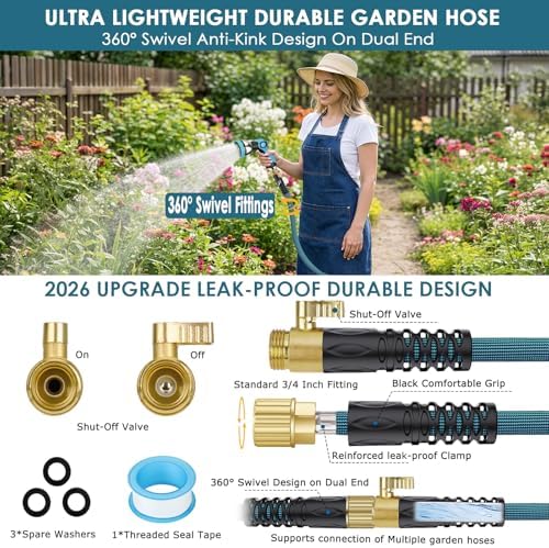 FlexiSolve 100ft Non-Expanding Garden Hose with 360° Swivel & Valve, Blue - Image 2