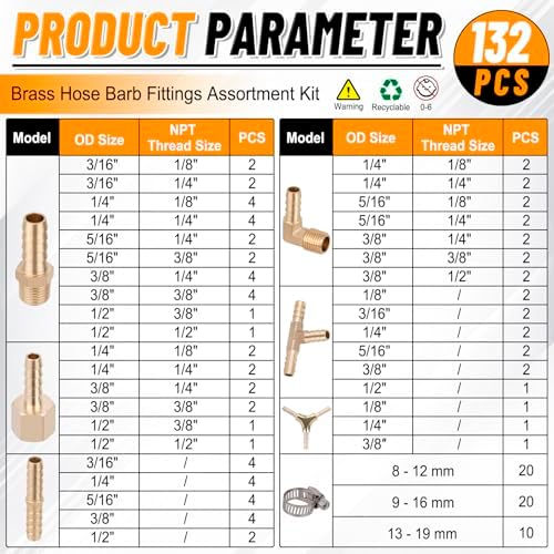 KOOTANS 132pcs Brass Hose Barb Fittings Assortment Kit Barb Splicer, Male Coupler, Female Adapter, 90° Male Elbow, Tee, Y Shaped Union Air Hose Fittings with Clamps for Water Fuel Air Line Connector - Image 3