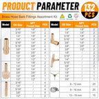 KOOTANS 132pcs Brass Hose Barb Fittings Assortment Kit Barb Splicer, Male Coupler, Female Adapter, 90° Male Elbow, Tee, Y Shaped Union Air Hose Fittings with Clamps for Water Fuel Air Line Connector - Image 3
