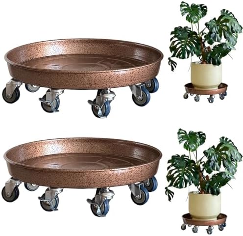 Rolling Planter Caddy(430lbs Capacity), Heavy Duty Metal Plant Stand with Brake Wheels Plant Dolly Mover Plant Pot Tray Saucer for Indoor Outdoor 16inches Copper,2Pack by SKAFORZ