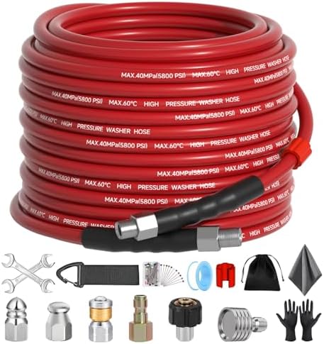 Sewer Jetter Kit 50FT for Pressure Washer, 5800 PSI Drain Cleaner Hose 1/4 Inch NPT with Spray Nozzle, Button Nose and Rotating Sewer Jetting Nozzle, Spanner Teflon Tape Pearl Corsage Pin by Unknown