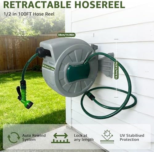 100 ft Retractable Garden Hose Reel 1/2" for Wall Mount Yard - Image 3