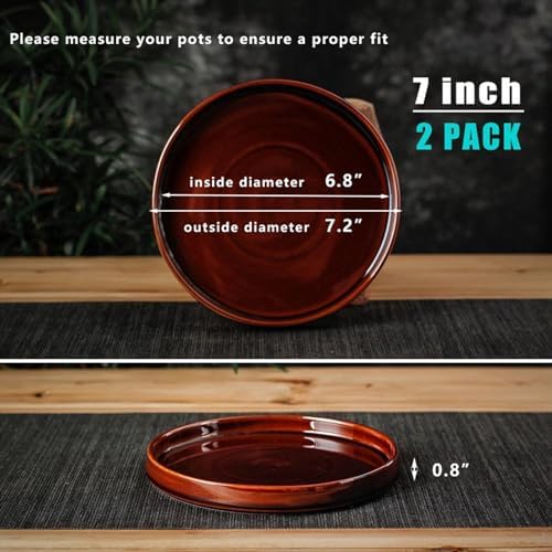 Ceramic Plant Saucer 7 Inch, 2 Pack Round Plant Trays for Indoors/Outdoors, Flower Pot Saucers for Holding Water Drips and Soil, Ceramic Drainage Tray for Plant Pot (Reactive Glaze Brown) - Image 3