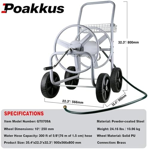 Hose Reel Cart, Garden Hose Reel Cart Holds Up to 250 ft of 5/8" Hose, Heavy Duty Water Hose Cart with 4 Wheels, Powder Coated Steel Garden Hose Storage Organizer with Storage Basket for Yard Lawn - Image 4