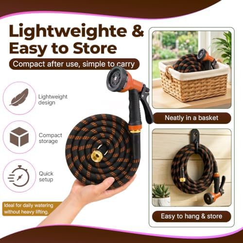Garden Hose 50 ft, 2026 Upgraded Kink Free Flexible Water Hose 50ft With 10 Pattern Spray Nozzle, Leak-Proof, Portable, Ultra Lightweight & Durable Garden Hose for Yard, Lawn, Outdoor (Black & Orange) - Image 6