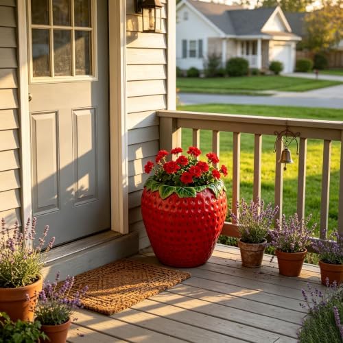 15' Strawberry Shaped Planter Pot, 15 Inch Decorative Flower Pot, Red - Image 7