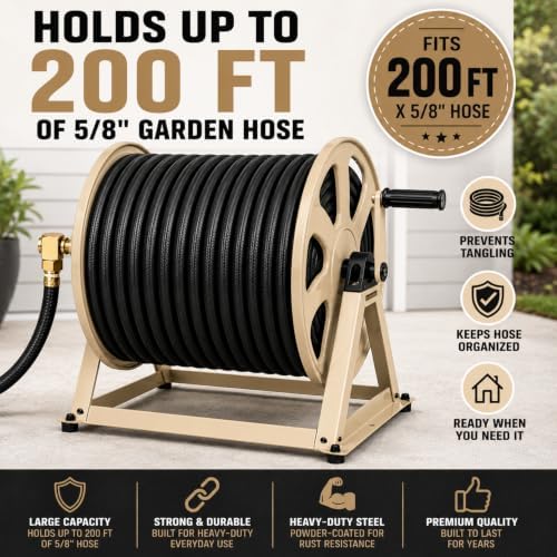 Dual Floor and Wall Mounted Garden Hose Reel, Holds 200ft of Water Hose, Heavy Duty Metal Hose Reel, Space Saving Hose Reel Organizer for Yard, Garage & Shed - Image 2