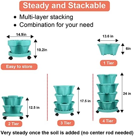 GameXcel Vertical Planter Tower - 4 Tier Stackable Garden Planters with Wheels and Tools Plant Pots for Strawberry Herb Flower and Vegetable Indoor Outdoor Use Teal - Image 7