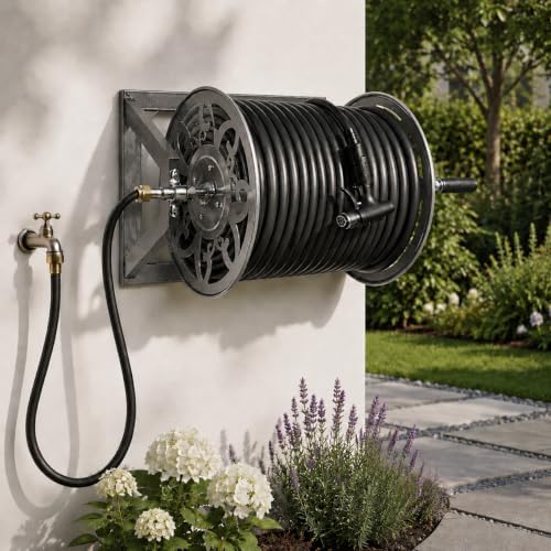 Wall Mounted Garden Hose Reel – Holds 200 ft 5/8" Hose, Heavy-Duty Steel Manual Winder, with Brass Connector, 5ft Leader, Decorative Pattern, Space Saver, Gray Finish, for Outdoor Gardens & Lawns. - Image 2