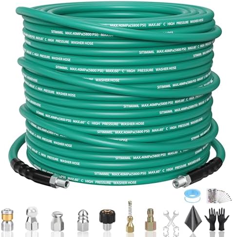 100FT Sewer Jetter Kit for Pressure Washer,1/4‘’NPT Drain Cleaner Hose 5800PSI, With Adapter Corner Rotating Button Nose Sewer Jetting Nozzles Kit Pearl Corsage Pin Spanner Waterproof Tape by SITIMIMIL