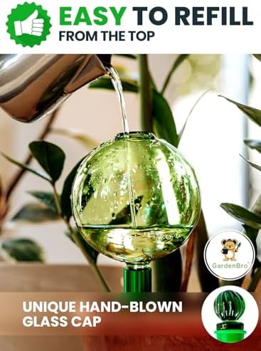 16 Oz 3 pcs Plant Watering Globes for Indoor Plants with Metal Self Watering Planter Insert - Premium XL Glass Hand-Blown Globes - Automatic Plant Waterer Indoor [Golden, Green & Crystal] - Image 3
