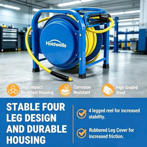 Heavy Duty Retractable Air Hose Reel, 3/8" x 100FT Flex Hybrid Hose, 300PSI Max, Spring-Driven Steel Frame, Floor-Standing Quad Pod Design, Portable & Kink-Resistant - Image 3