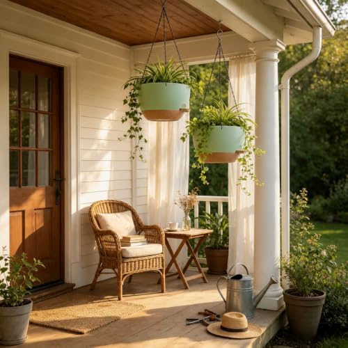 12" Self Watering Hanging Planters with Chains, Green Brown，2 Pack - Image 4