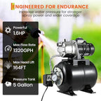 Jojoka Self-Priming Shallow Well Jet Pump w/Pressure Tank - 1.6 HP 115V, 1320 GPH Water Booster, Auto Pressure Switch, Stainless Steel - Home Supply/Irrigation/Sprinklers - Black - Image 2