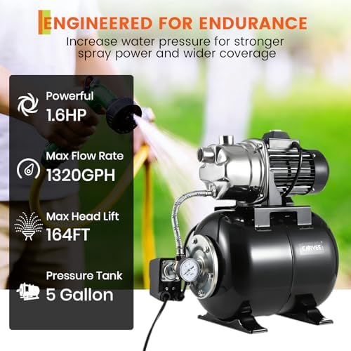 Jojoka Self-Priming Shallow Well Jet Pump w/Pressure Tank - 1.6 HP 115V, 1320 GPH Water Booster, Auto Pressure Switch, Stainless Steel - Home Supply/Irrigation/Sprinklers - Black - Image 2