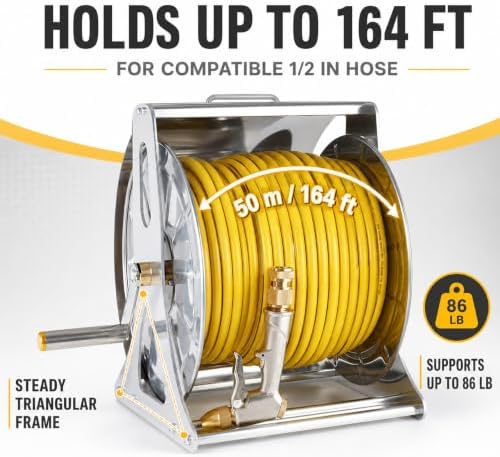 Garden Water Hose Reel with Hand Crank, 304 Stainless Steel Frame and Cover, Wall or Floor Installation, 50 m Capacity, Replaceable 1/2 Inch Hose for Garden and Patio 10m - Image 3