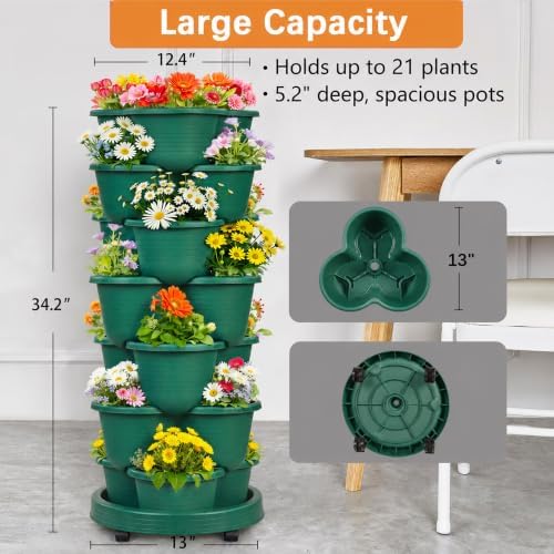 VECELO 7 Tier Vertical Garden Planter, Self Watering Stackable Planters with Wheels for Strawberries, Herbs, Flowers, Vegetables, Dark Green - Image 4