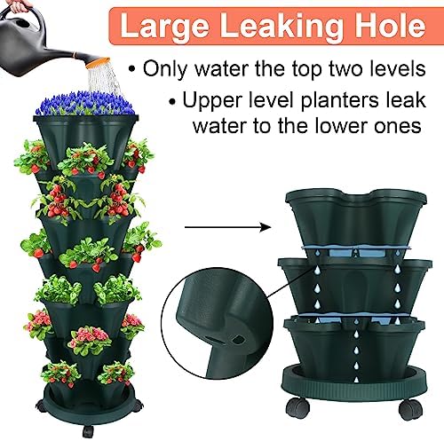 DUNCHATY Stackable Planter, Vertical Garden Planter with Wheels and Tools, Self Watering Strawberry Planter Indoor/Outdoor 7 Tier Herb Planter Pots for Growing Vegetables and Succulents,Pine Green - Image 4