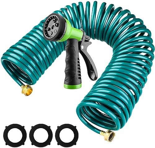 Pangda Expandable Coil Garden Hose 50 Ft with Spray Nozzle, Green by Pangda