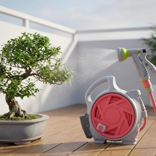 mini portable garden pipe cart, adjustable spray gun with 6 different gears, suitable for various faucets, portable water pipe truck can be used for car washing, watering plants (Pink) - Image 2