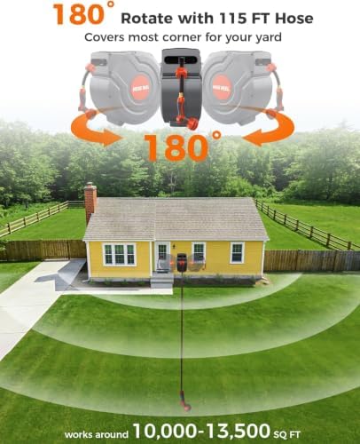 5/8 Inch 115FT Retractable Garden Hose Reel,Wall Mounted Retractable Hose Reel with 9-Pattern Nozzle, 180° Swivel Auto Rewind, Any Length Lock Water Hose Reel for Yard Garden Car Washing - Image 5